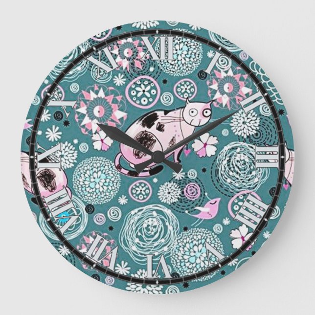 Funky Pink Kitty Cat Pattern Wall Clock (Front)