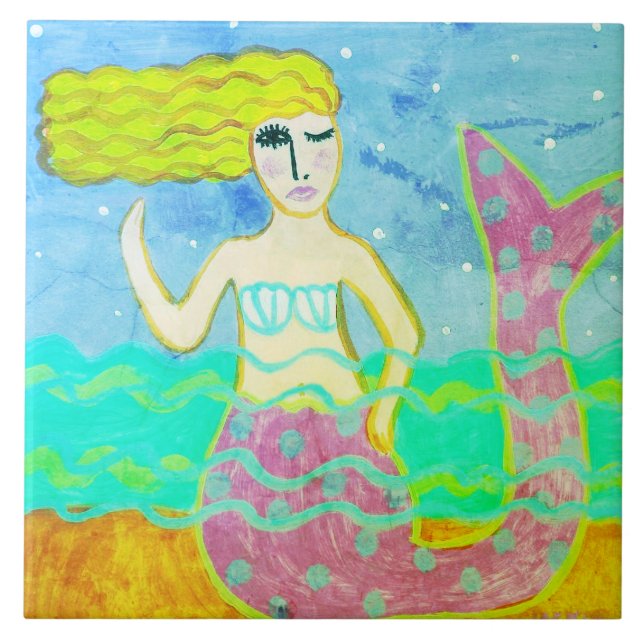 Funky Pink Mermaid Abstract Art Ceramic Tile (Front)