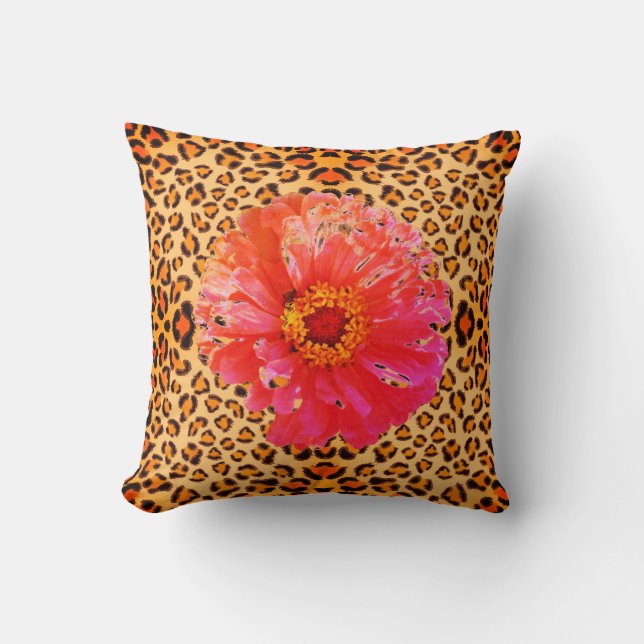 Funky pink orange floral leopard pattern cushion (Front)