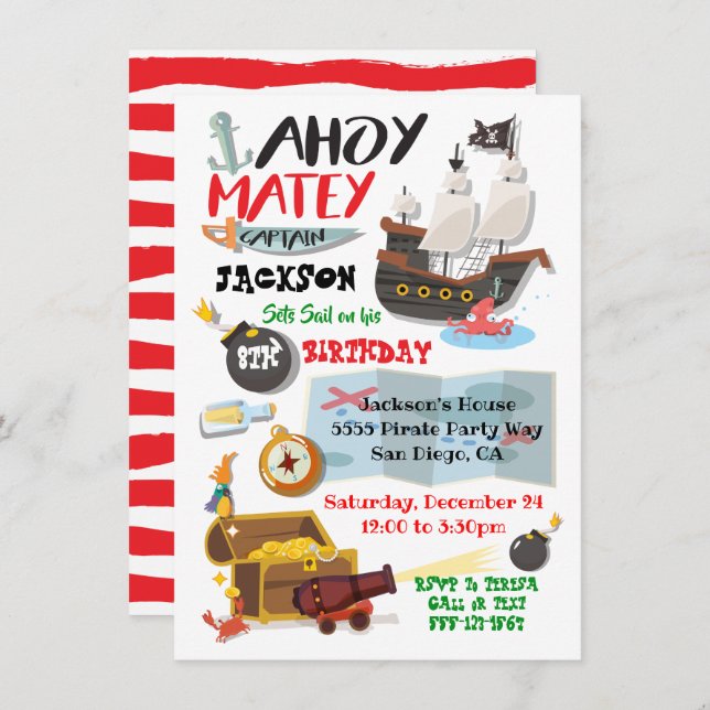 Funky Pirate Birthday Party Invitation (Front/Back)