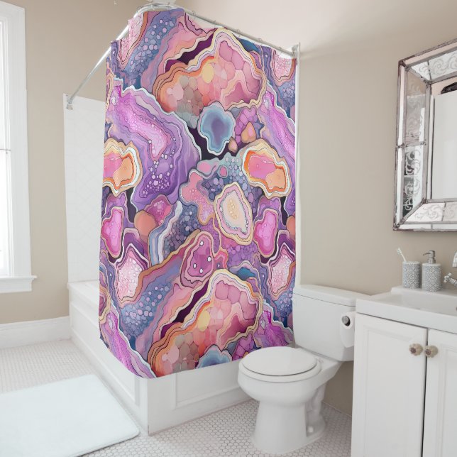 Funky Purple Blue Mix Abstract Geode Agate Pattern Shower Curtain (In Situ)