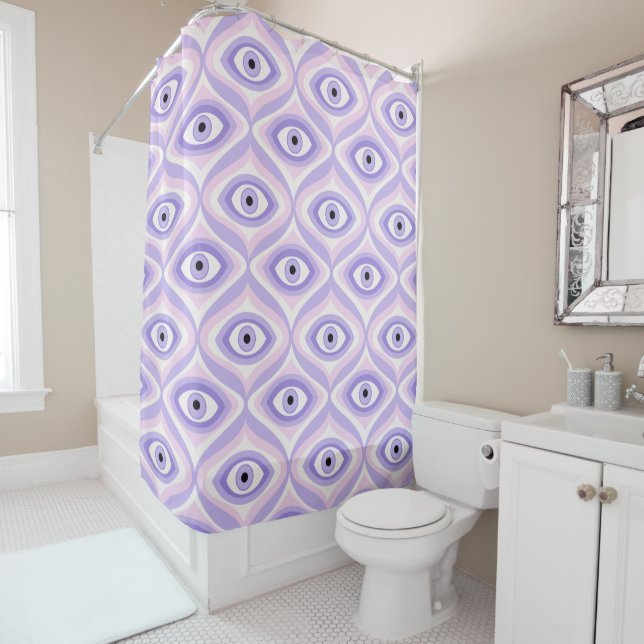 Funky Purple Eye: Retro Modern Psychedelic Pattern Shower Curtain (In Situ)