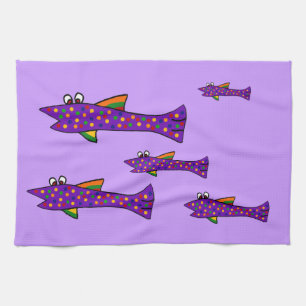 Funky Purple Fish Cartoon Tea Towel
