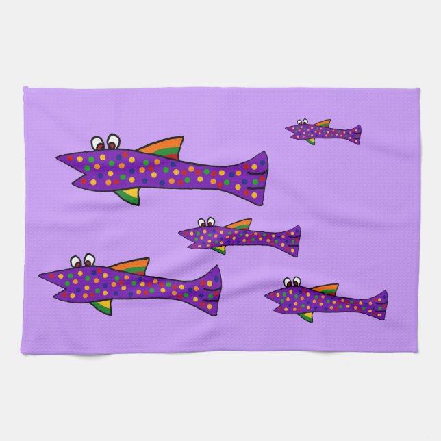 Funky Purple Fish Cartoon Tea Towel (Horizontal)