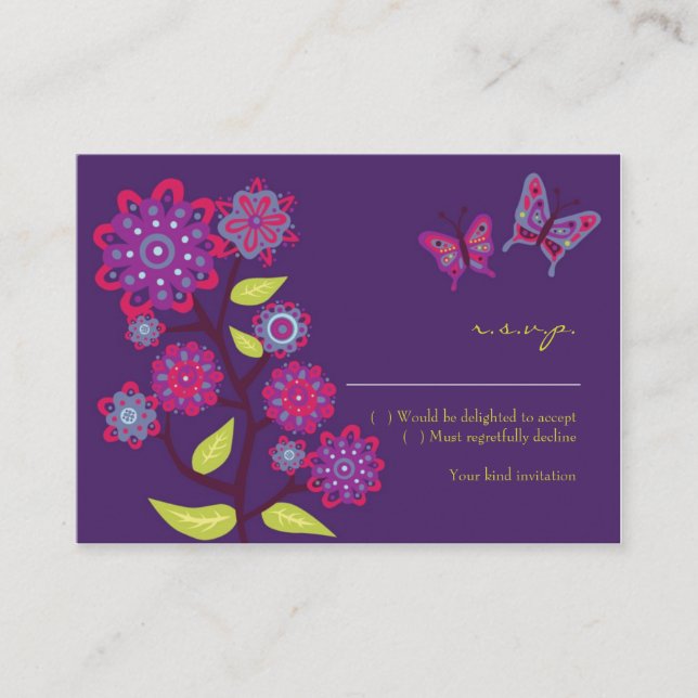 Funky Purple Flowers Wedding RSVP Card (Front)