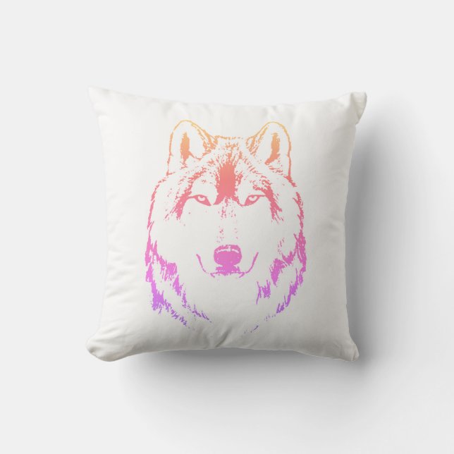 Funky Purple Pink Yellow Wolf Face Head Sketch Cushion (Front)