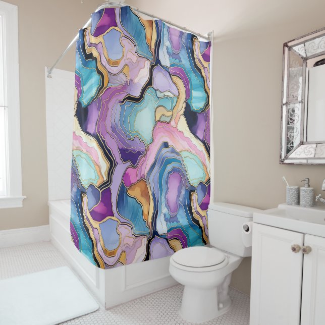 Funky Purple Turq Mix Abstract Geode Agate Pattern Shower Curtain (In Situ)