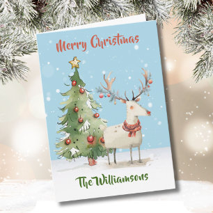 Funky Quirky Stylish Watercolor Reindeer Tree  Card
