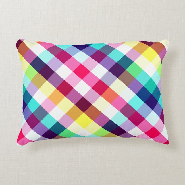 Funky Rainbow Plaid Pattern Accent Pillow (Front)