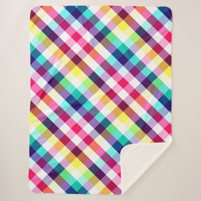 Funky Rainbow Plaid Pattern Large Sherpa Blanket (Front)