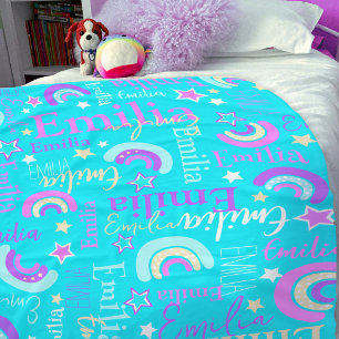 Funky rainbow stars aqua girls name colourful fleece blanket