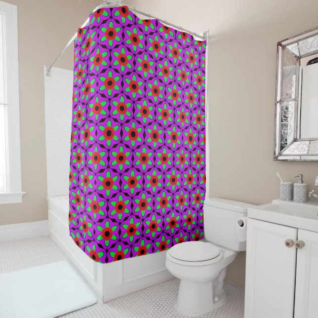 Funky Red and Purple Fuchsia Flower Pattern Shower Curtain (In Situ)