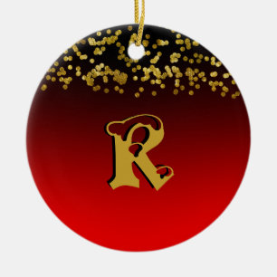 Funky Red Gold Glitter Stylish Monogrammed Custom Ceramic Ornament
