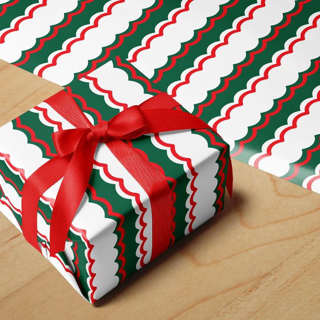 Funky Red Green and White Scallop Stripe Wrapping Paper (Creator Uploaded)