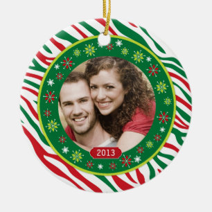 Funky Red Green Zebra Print Family Photo Christmas Ceramic Ornament