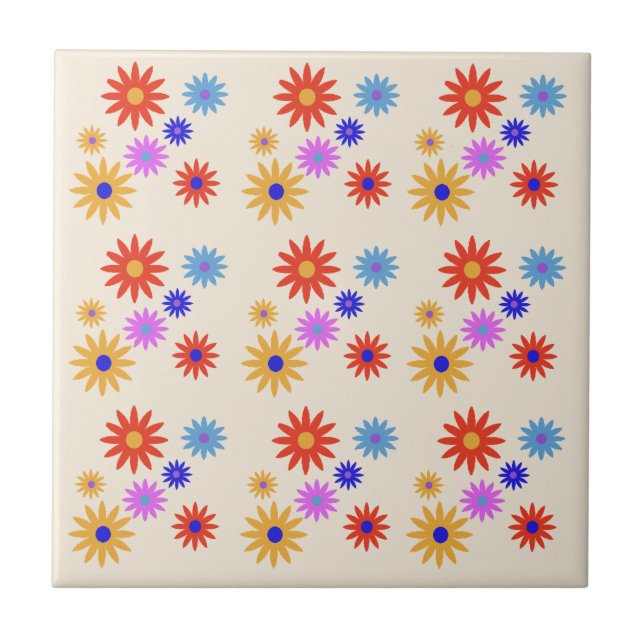 Funky Retro 70s Abstract Daisy Flowers Print Beige Ceramic Tile (Front)