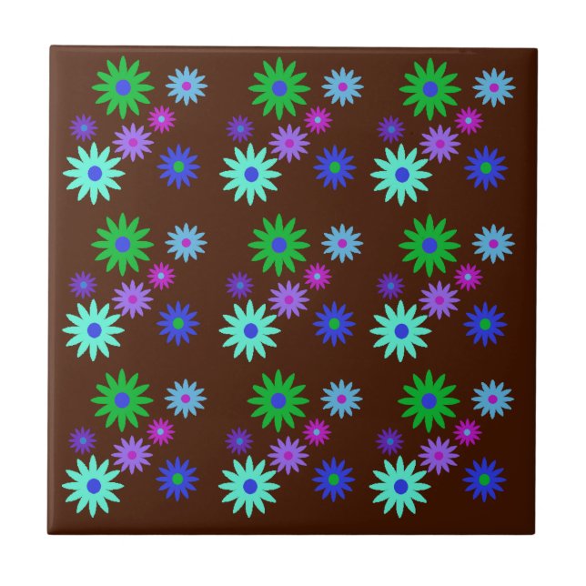 Funky Retro 70s Abstract Daisy Flowers Print Brown Ceramic Tile (Front)