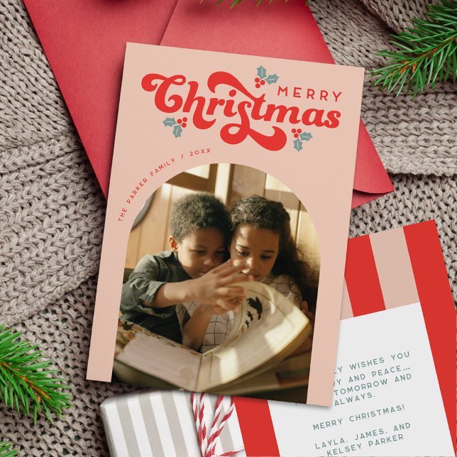 Funky Retro 70s Merry Christmas Photo Holiday Card (retro 70s photo Christmas card with arch photo placeholder)