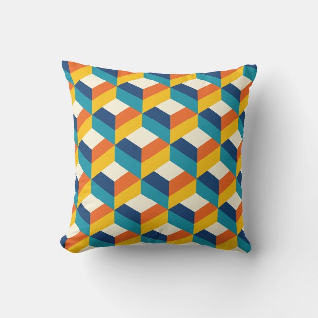 Funky Retro 80s 3D Cube geometric Pattern Design  Cushion (Front)