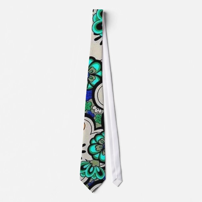 Funky Retro Abstract Flower Teal Blue Tie (Front)