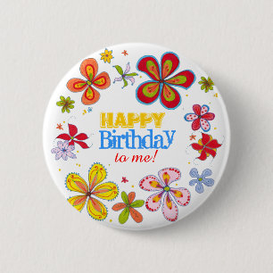 Funky Retro Big Flowers Custom Birthday Button Pin
