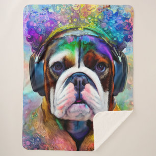 Funky Retro Bulldog Wearing Headphone Sherpa Blanket