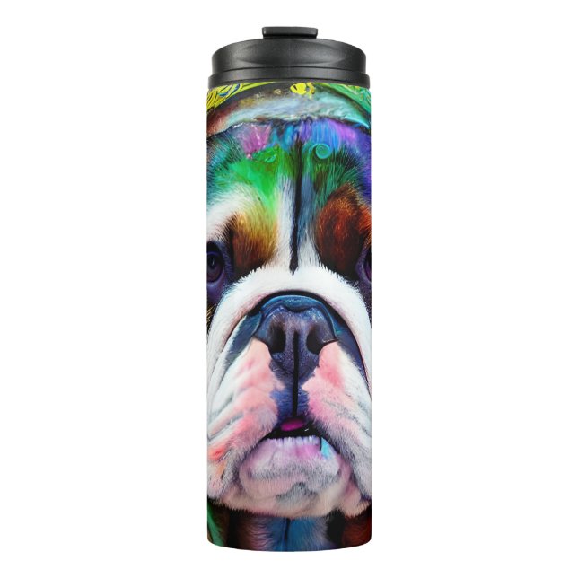 Funky Retro Bulldog Wearing Headphones Thermal Tumbler (Front)