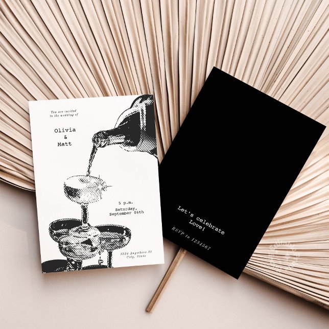 Funky Retro Champagne Tower Y2K Wedding Invitation (Funky Retro Champagne Tower Y2K Wedding Invitation)