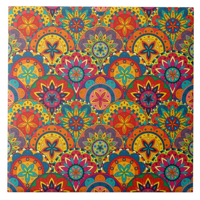 Funky Retro Colourful Mandala Pattern Ceramic Tile (Front)