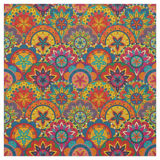 Funky Retro Colourful Mandala Pattern Fabric (Swatch)