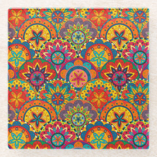 Funky Retro Colourful Mandala Pattern Glass Coaster