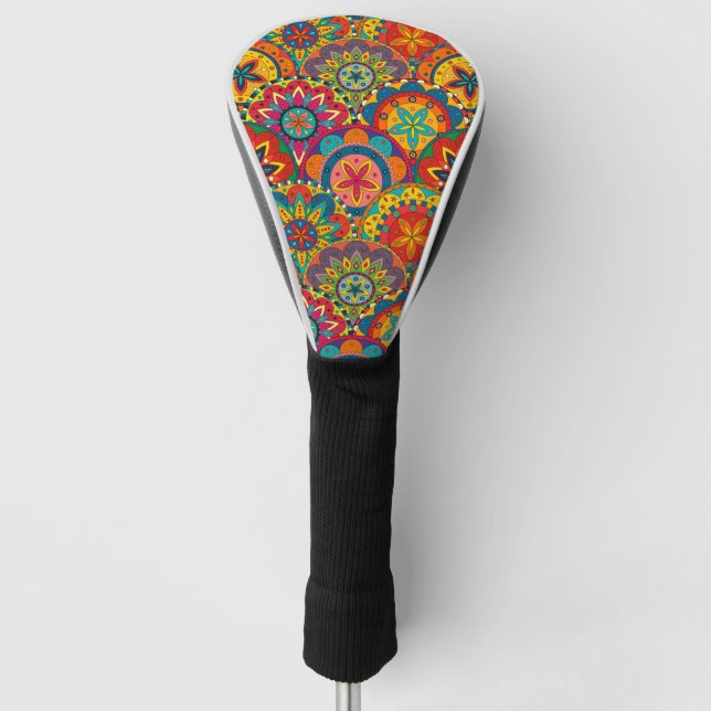 Funky Retro Colourful Mandala Pattern Golf Head Cover (Front)
