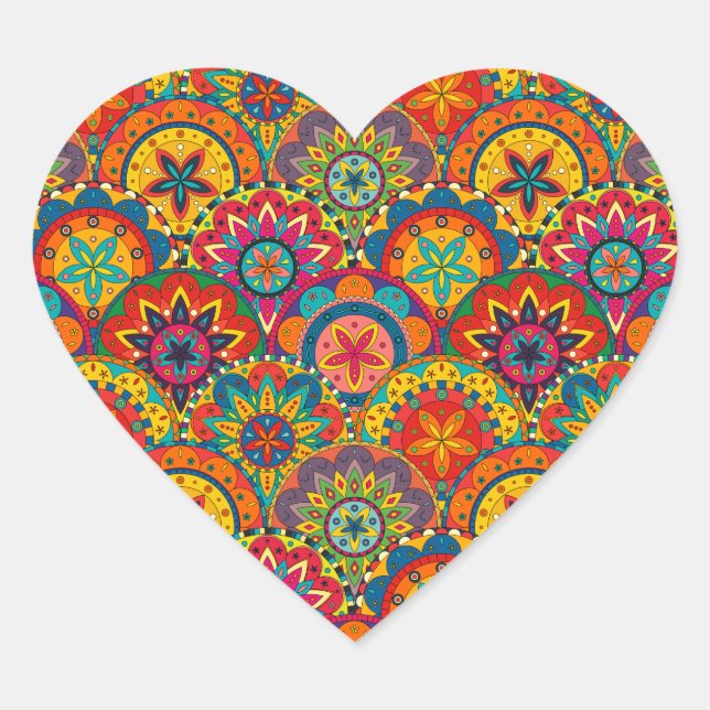 Funky Retro Colourful Mandala Pattern Heart Sticker (Front)