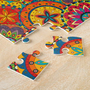 Funky Retro Colourful Mandala Pattern Jigsaw Puzzle
