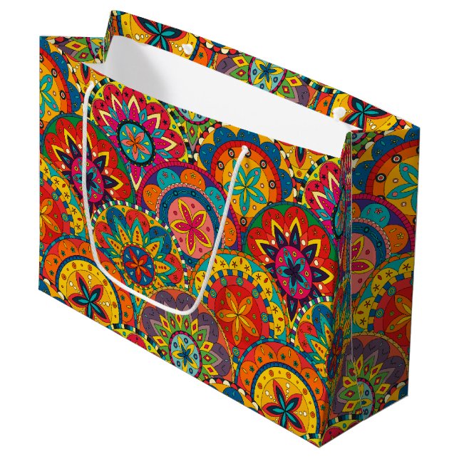 Funky Retro Colourful Mandala Pattern Large Gift Bag (Front Angled)