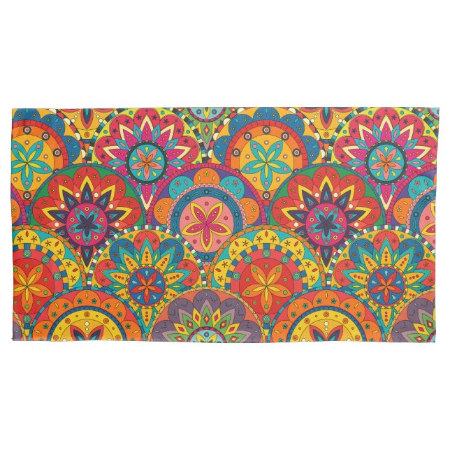 Funky Retro Colourful Mandala Pattern Pillowcase (Front)
