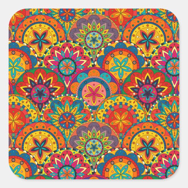 Funky Retro Colourful Mandala Pattern Square Sticker (Front)