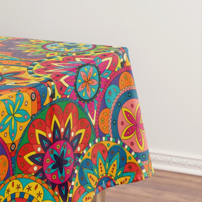 Funky Retro Colourful Mandala Pattern Tablecloth (In Situ)