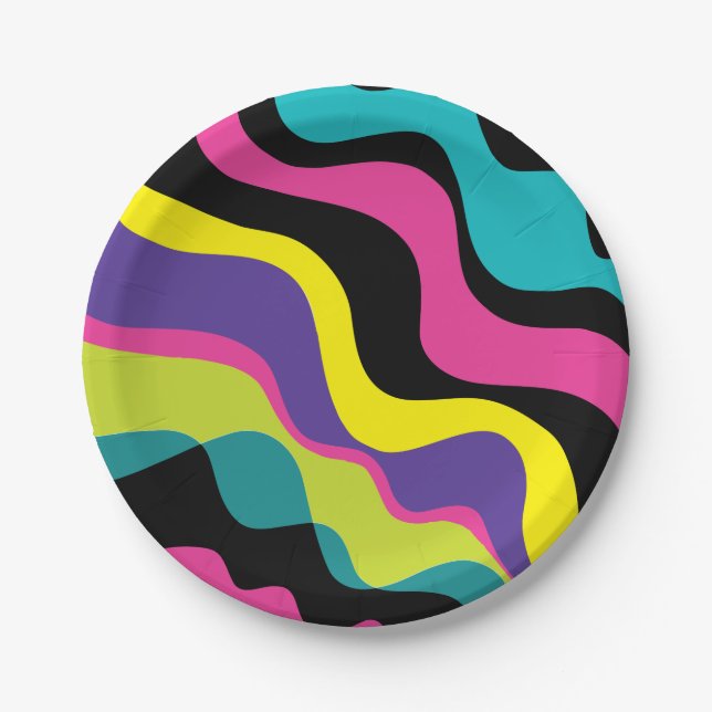 Funky Retro Colours Wave Pop Pattern 90's Party Paper Plate (Front)