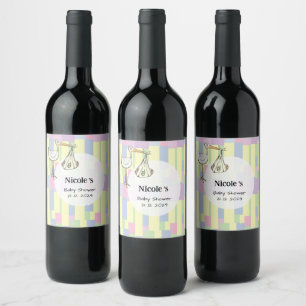 Funky Retro Cubism Stork Delivery Baby Shower Wine Label