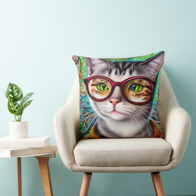 Funky Retro Cute Cat Wearing Glasses Artwork Cushion (Chair)