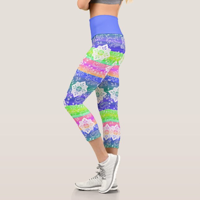 Funky Retro Floral On Chic Cool Stripes Pattern Capri Leggings (Left)