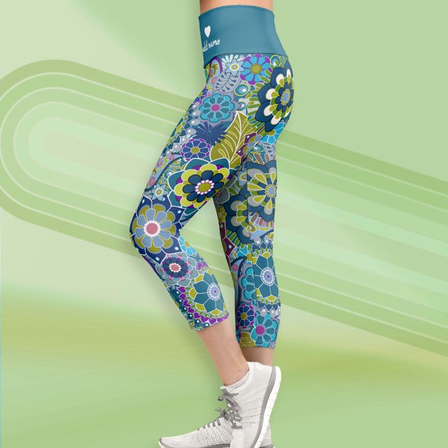 Funky Retro Floral Pattern with Name - teal blue Capri Leggings (Custom Leggings)