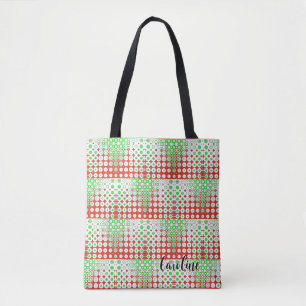 Funky Retro Green, Red, Pattern, Flowers,  Tote Bag