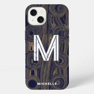 Funky Retro Groovy Navy Blue Gold Glitter Monogram iPhone 13 Case