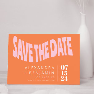 Funky Retro Groovy Unique Photo Pink Orange Custom Save The Date