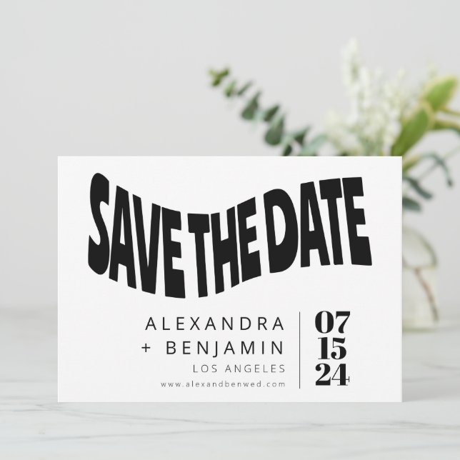 Funky Retro Groovy Unique Photo White Black Custom Save The Date (Standing Front)