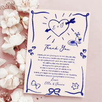 Funky Retro Hand Drawn Blue Wedding Thank You Card
