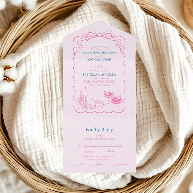 Funky Retro Hand drawn Champagne Tower Wedding All In One Invitation (Creator Uploaded)