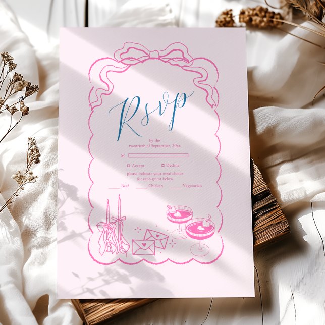 Funky Retro Hand drawn Champagne Tower Wedding RSVP Card (Creator Uploaded)